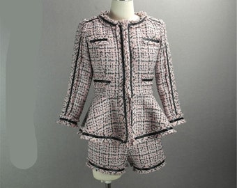 Women's CUSTOM MADE Suit in Plus Sizes Checked Tweed Jacket Coat Blazer + Shorts / Skirt Pink Suit For Wedding, Formal Event