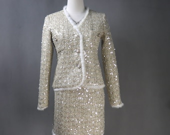 Women Custom Made Golden Sequinned V Neck Tweed Jacket + Skirt Warm Suit For Graduation, Wedding, Formal Event, Personalised Gift