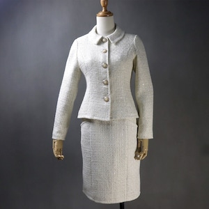 Costume sur mesure pour femme style vintage veste en tweed beige clair manteau + tailleur short/jupe/pantalon, invitée à un mariage, jour du discours, remise des diplômes
