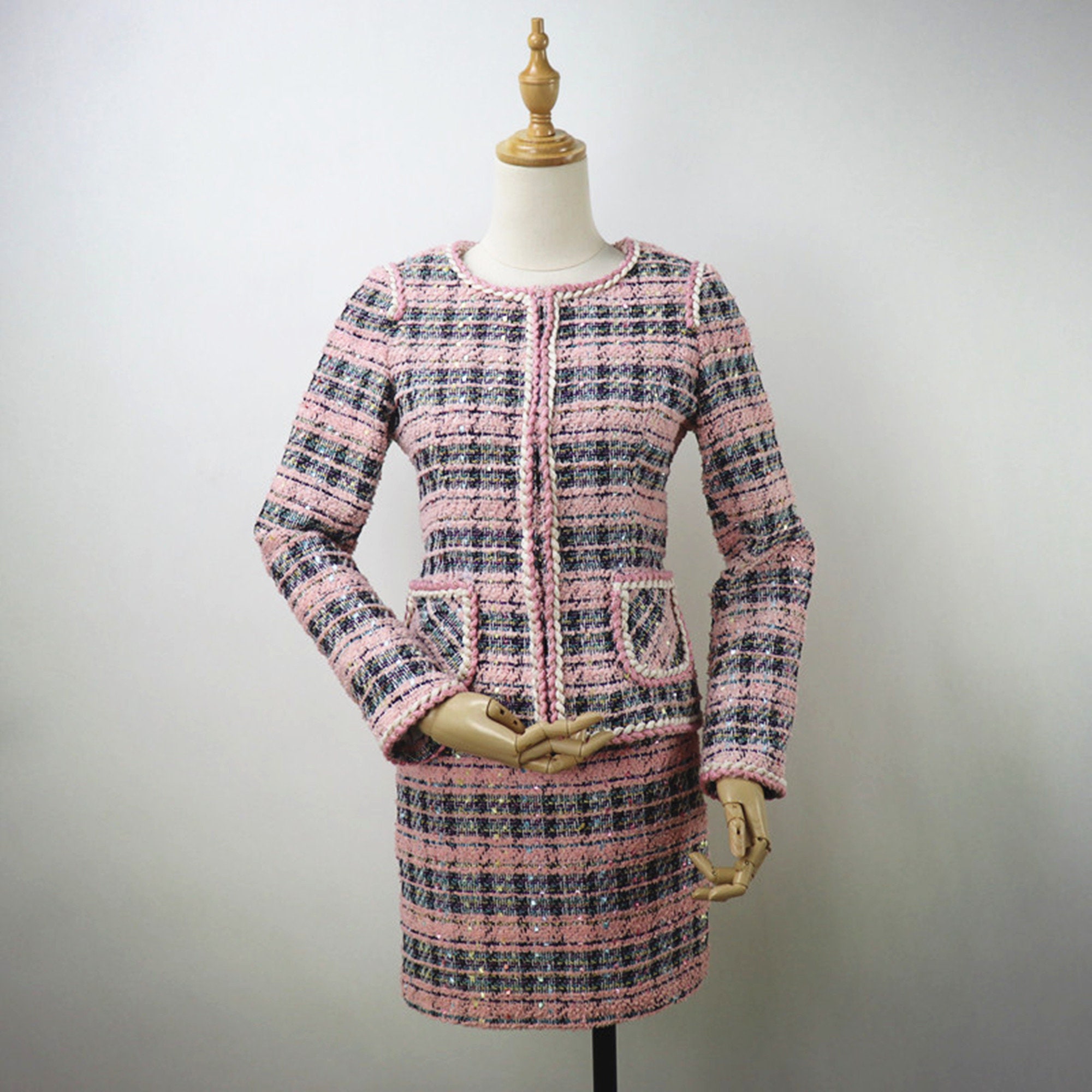 Womens Custom Made Check Pattern Tweed Skirt Suit Pink 