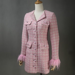 CUSTOM MADE Pink Coat Faux Fur Cuffs Pearl Buttons Tweed Long Coat Cream / Pink, Wedding Ceremony, Graduation, Formal Event, Evening Coat