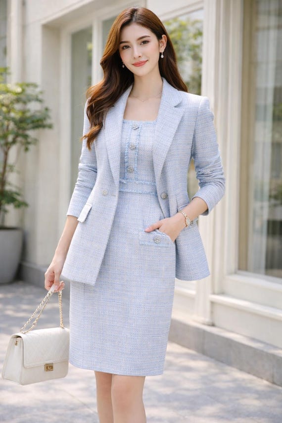 Custom Light Blue Tweed Dress Suit: Made to Measurements, Any Size, Any  Length - Etsy Israel
