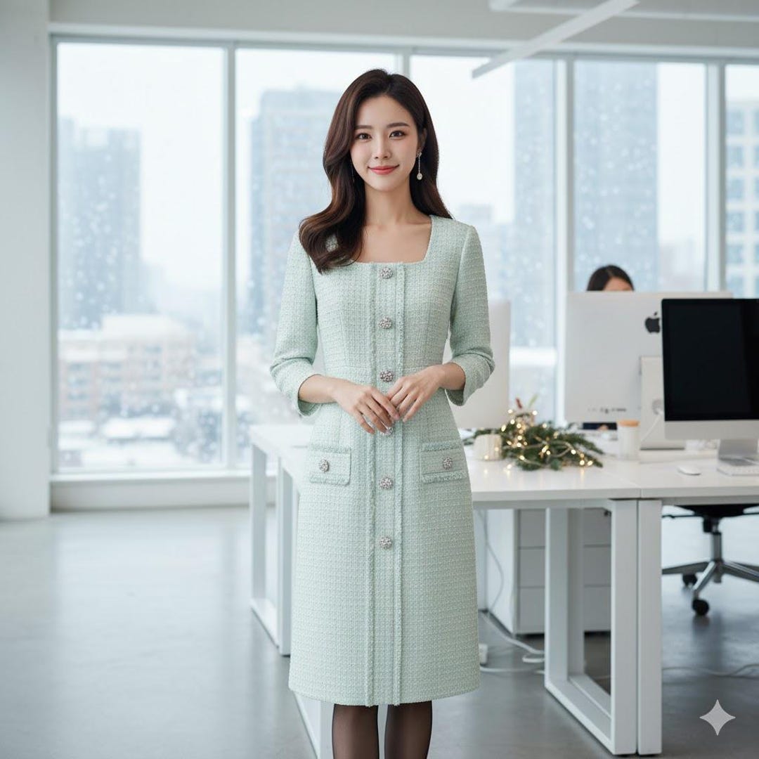 light green tweed dress Light Green Tweed Mini Dress: Crystal Buttons, Square Neck