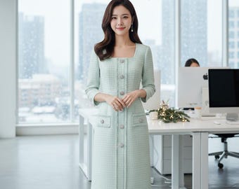 green emerald velvet dress Mac Duggal - Beige 3/4 Sleeve Beaded Trim Patch Pocket Tweed Midi Dress main image 1