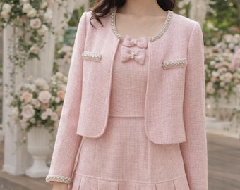 Abito su misura in tweed rosa, 3 pezzi: giacca, top e gonna, taglia comoda, lunghezza personalizzata