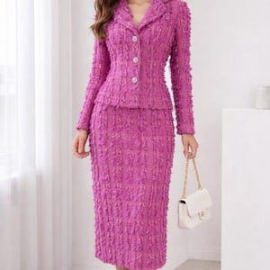 Custom fuchsia tweed midi skirt suit with fringed texture, tailored jacket with crystal buttons and pencil midi skirt, handmade women’s set available in any size and length