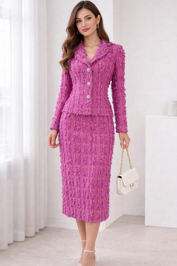 Custom Made Hot Pink Midi Skirt Tweed Suit: Any Size, Any length