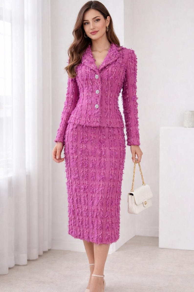 Custom fuchsia tweed midi skirt suit with fringed texture, tailored jacket with crystal buttons and pencil midi skirt, handmade women’s set available in any size and length