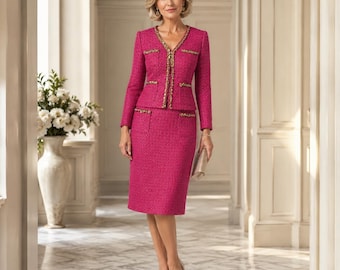 Bespoke Hot Pink  Red Gold Mixed Color Tweed Suit, Midi Pencil Skirt,  Mother of the Bride / Groom