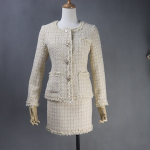 Custom Women’s Tweed Suit – Light Beige Checked Jacket and Skirt with Sparkle Threads, Any length