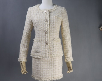 Frauen CUSTOM MADE Anzug Sparkle Fäden Kariert Tweed Hell Beige Jacke Mantel Blazer + Rock Formelle Anzug für Hochzeit, personalisiertes Geschenk