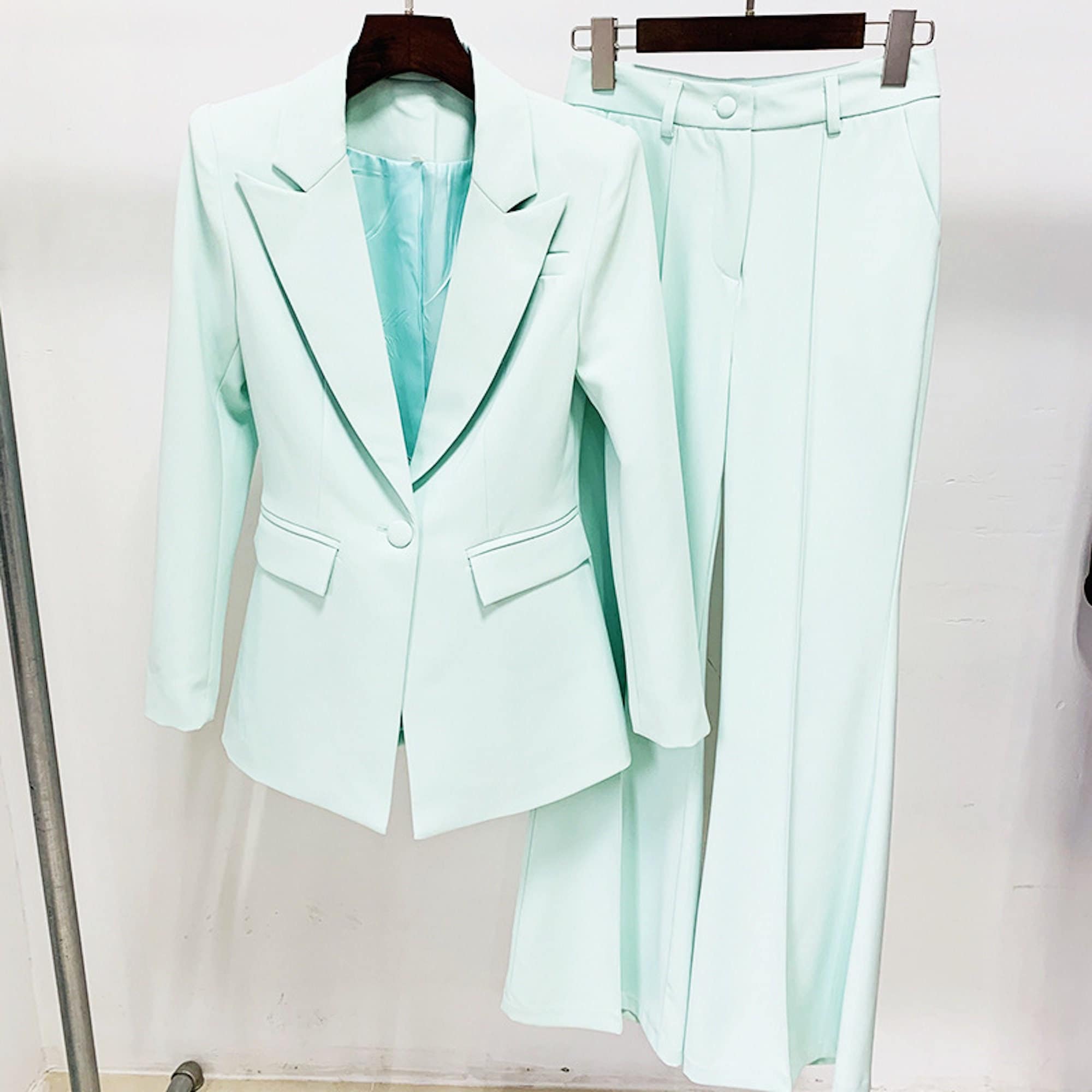 Women Mint Green/ Dark Brown Blazer + Mid-high Rise Flare Trousers Suit