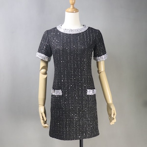 Black Sequined Tweed Dress with Silver Trim: Midi & Mini, Formal Wear