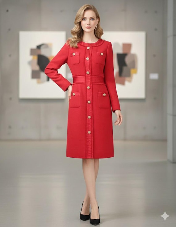 Custom Red Formal Dress: Long Sleeve Tweed with Golden Buttons