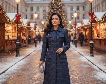 Navy Sequinned Tweed Dress and Long Coat Set, Made-to-Measure, Any length