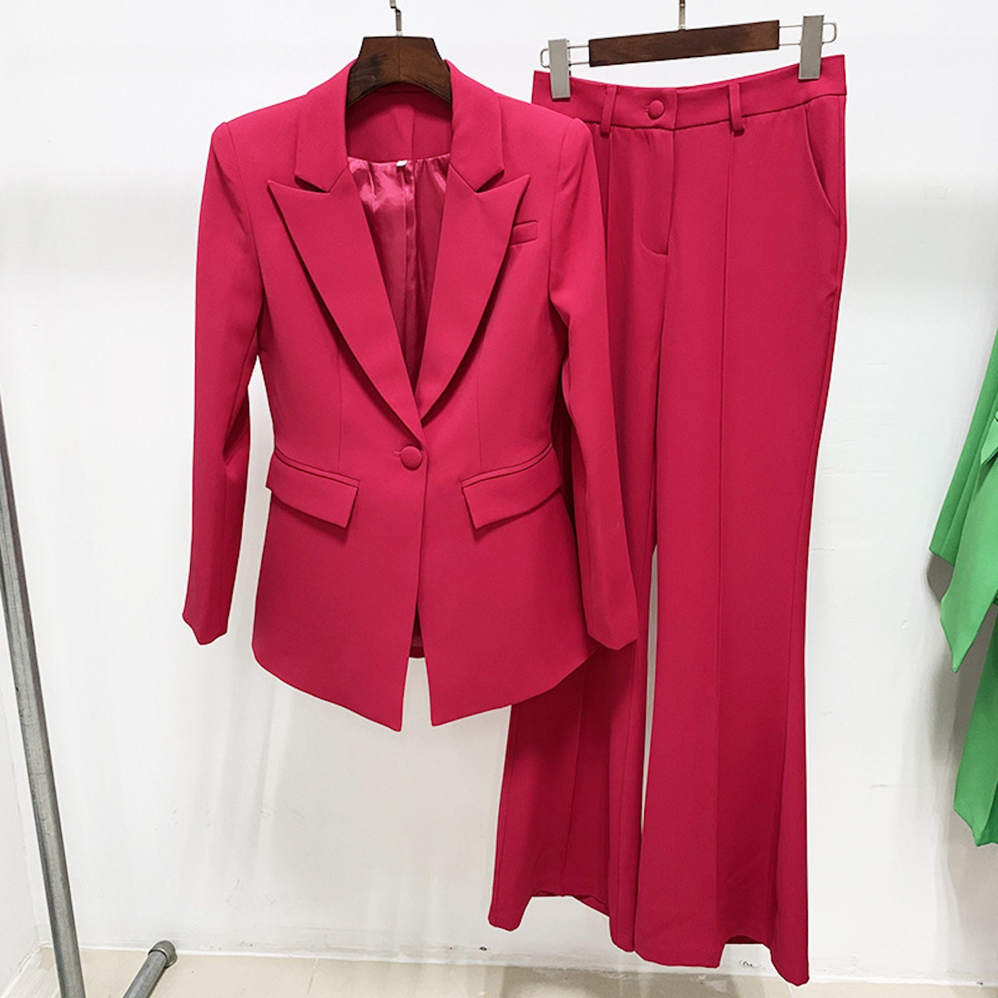 Women Hot Pink/ Dark Red/ Green Blazer Mid-high Rise Flare - Etsy UK