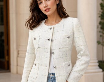 Custom White Checked Tweed Jacket –  Plus Sizes, Women’s Formal Blazer