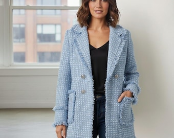 Custom Made Black & Blue Tweed Jacket  Coat –  Mid-Length Double-Breasted Tassel Trim, Smart Casual