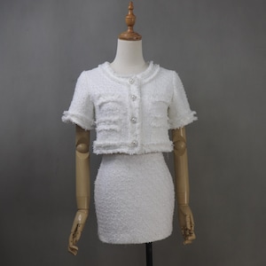 Bespoke White Tweed Skirt Suit: Custom Plus Size Bridal Outfit