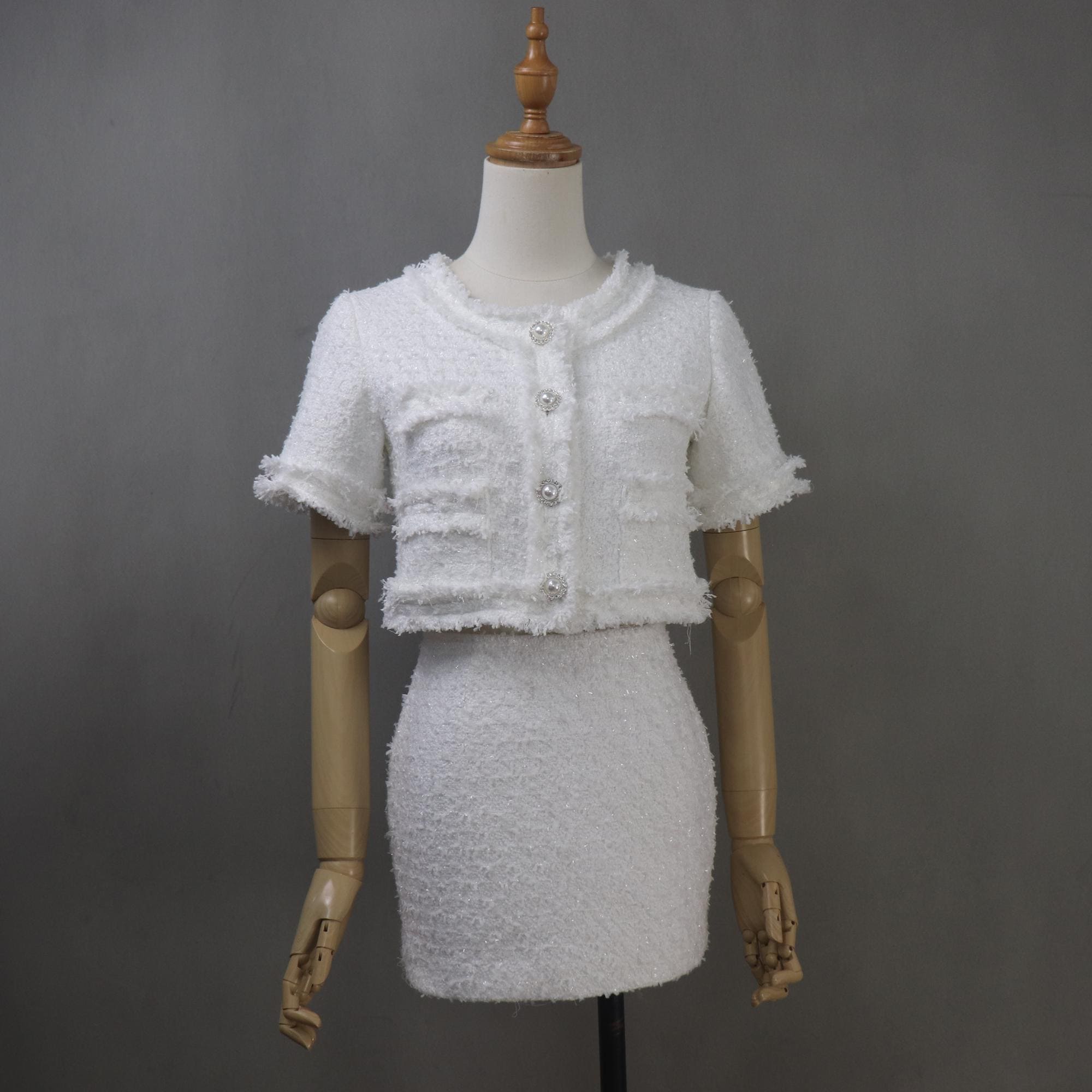 White Tweed Skirt Suit – Bespoke, Plus Size, Short Sleeve Jacket with Short or Long Skirt