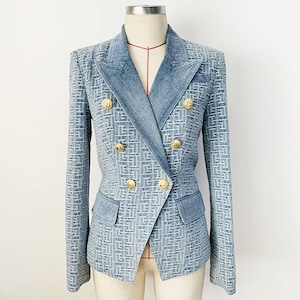 Women's Denim Blazer Golden Buttons Fitted Jacket Blue Abstract Pattern Blazer, Smart Casual Blazer, Birthday Party, Wedding Ceremony