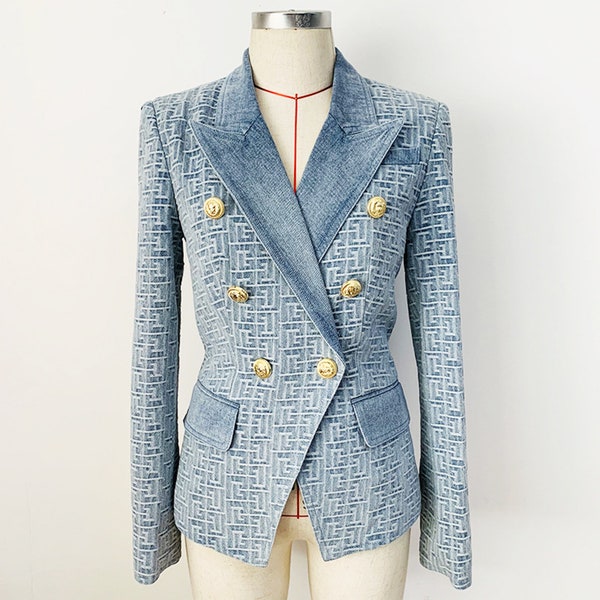 Blazer en jean pour femme Boutons dorés Veste ajustée Blazer bleu à motif abstrait, Blazer décontracté élégant, Fête d'anniversaire, Cérémonie de mariage