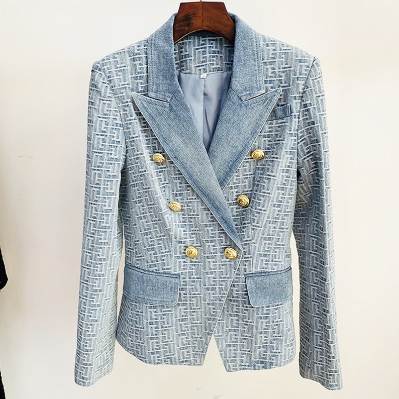 Women's Denim Blazer Golden Buttons Fitted Jacket Blue Abstract Pattern Blazer, Smart Casual Blazer, Birthday Party, Wedding Ceremony image 3