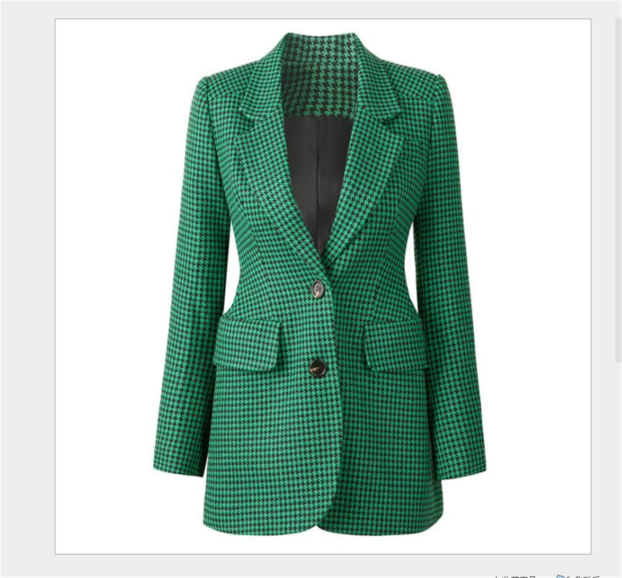 Green Houndstooth Fitted Blazer Coat 