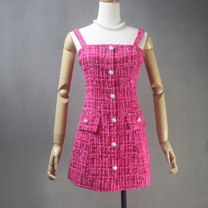 Hot Pink Tweed Dress: Custom Pearl Button Mini Dress