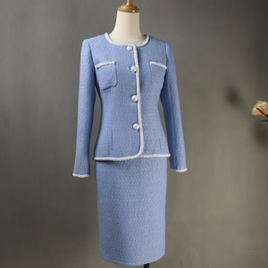 Women&#39;s Custom Blue Tweed Suit – Plus Size – Skirt or Pants Set with Pearls – Elegant Office Wear, Formal Event & Wedding Guest Outfit