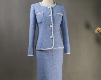 Custom Blue Tweed Suit: Plus Size Pearl Skirt/Pants Set