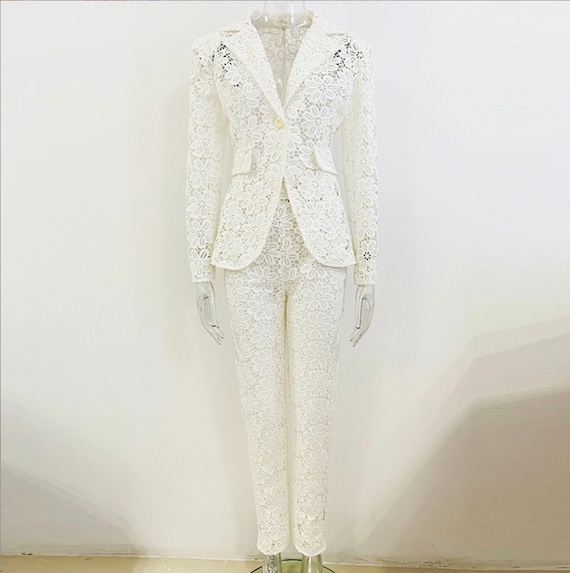 White lace trouser suit hot sale