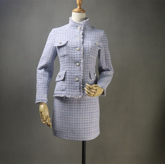 Women Custom Made High Neck Pearl Buttons Blue Tweed Jacket 