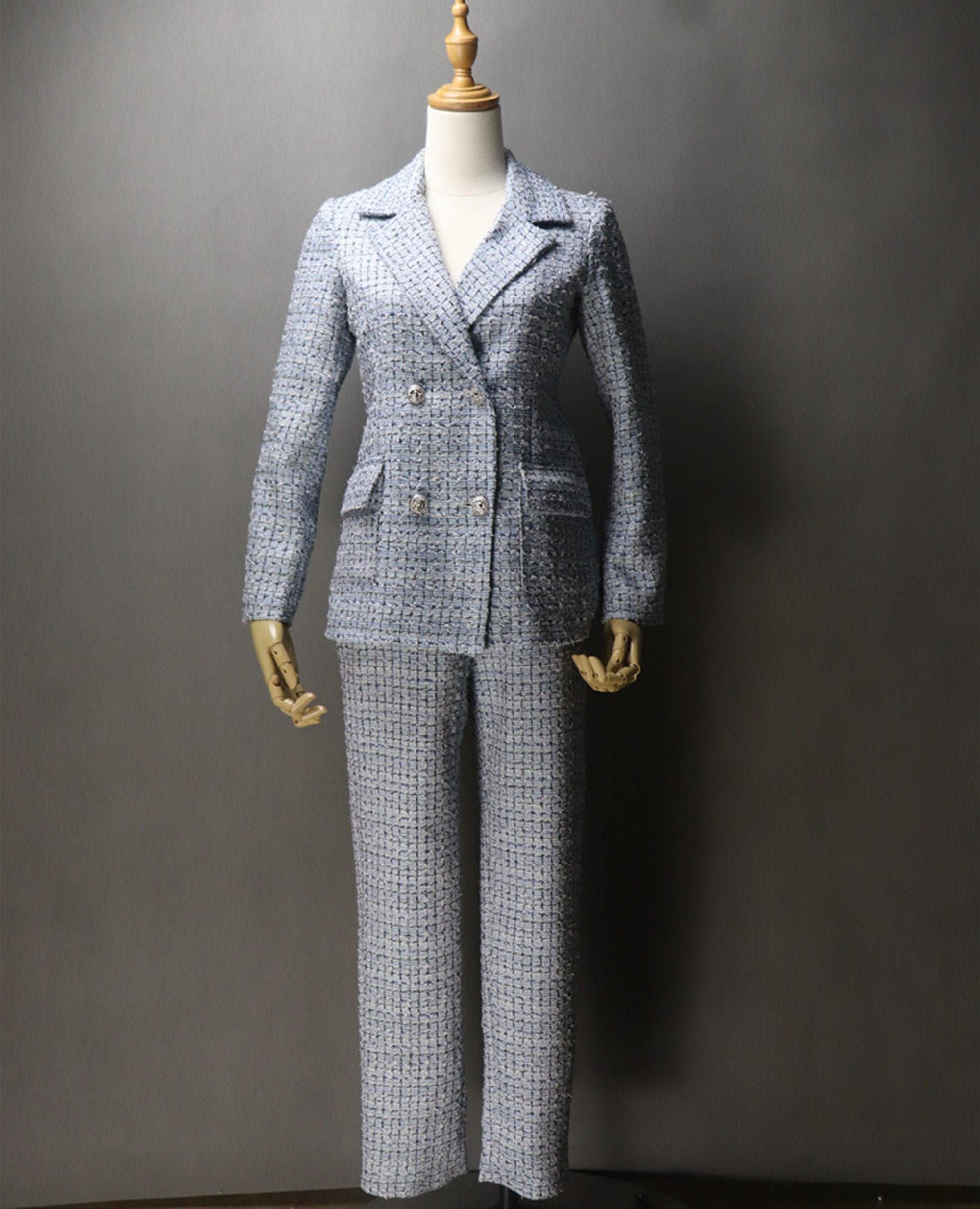 Womens Custom Made Check Pattern Blue Tweed Blazer Trousers - Etsy Denmark Womens Custom Made Check Pattern Blue Tweed Blazer Trousers - Etsy Denmark