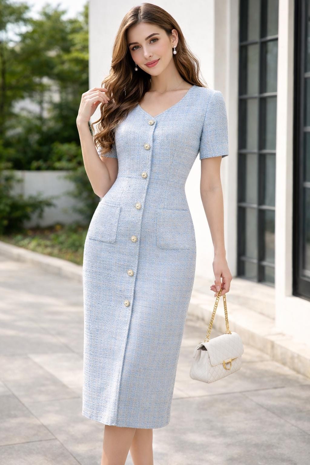 tweed formal dress Bespoke Blue Dress: V-Neck Summer Wear, Any Size, Any length eid sale