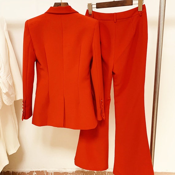 Women Red Fitted Blazer Flare Long 