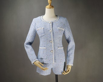 Blue Tweed Shorts or Skirt Suit – Custom Made Plus Size Two-Piece Outfit