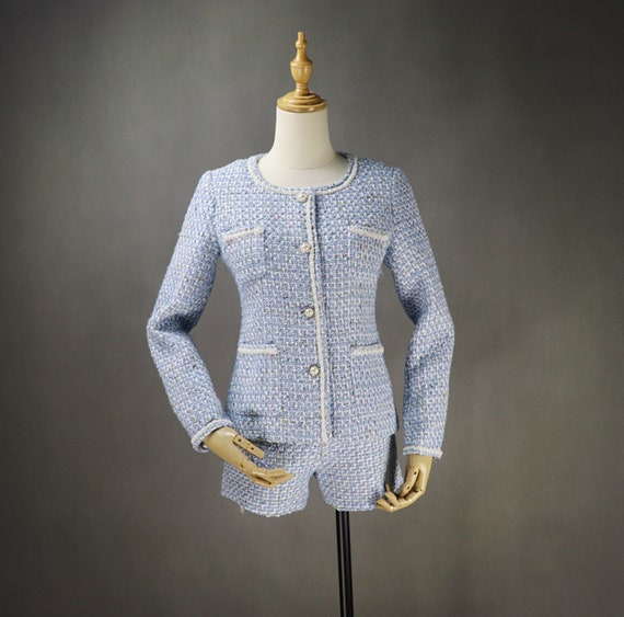 Women Pearl Button Sequinned Custom Made Tweed Jacket 