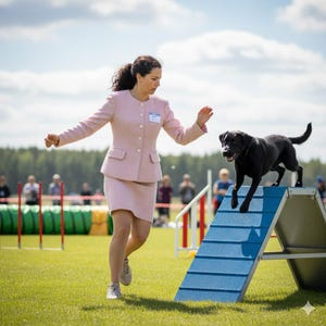 Könnte beinhalten: Eine Frau in einem rosa Hosenanzug und ein schwarzer Labrador nehmen an einem Agility-Wettbewerb teil. Der Hund springt über ein blaues A-Rahmen-Hindernis auf einem grünen Feld. Weitere Agility-Geräte und Zuschauer sind im Hintergrund zu sehen.