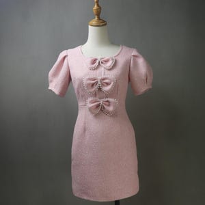 Custom Made Pink Tweed Dress with Puff Bubble Sleeves, Bows & Sequins, For Bridesmaid, Wedding Guest, Evening Dinner, Birthday Party