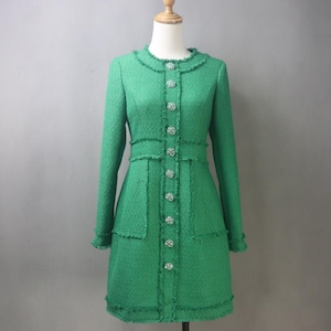 Green Tweed Dress with Floral Buttons & Fringe – Custom Mini to Midi, Long Sleeve, Plus Size, Elegant Chic