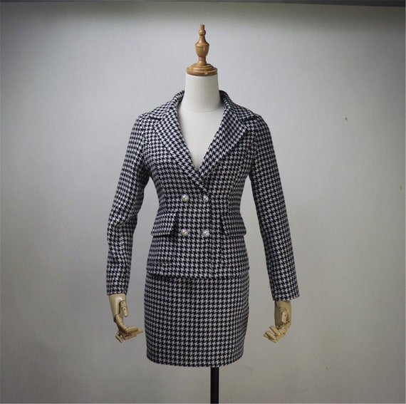 Le Suit Women's Houndstooth Two-Button Skirt Suit, Regular and Petite Sizes  - Navy/Ivory | Smart Closet