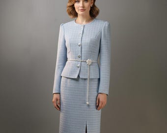 Blue Tweed Skirt Suit: Custom Formal Outfit with Flower Belt