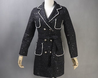 CUSTOM MADE Coat, Sequinned Double Breasted Belted Tweed Coat Black for evening dinner, formal event, stage performance, personalised Gift