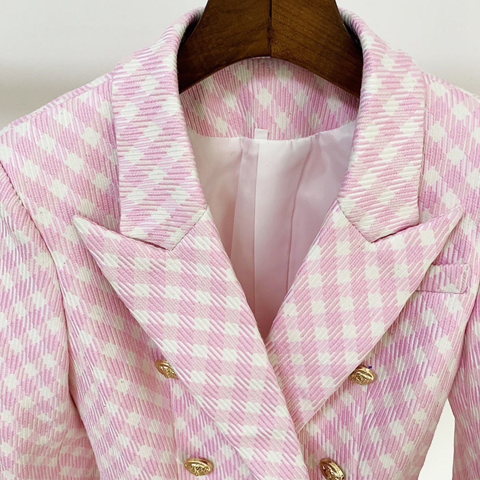 Women's Fitted Pink Checked Blazer Golden Lion Buttons Etsy