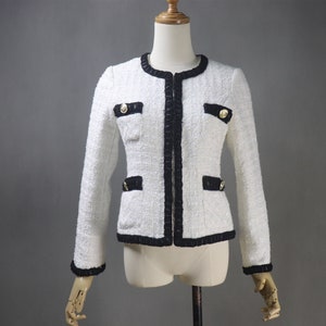 Custom White Tweed Blazer Jacket and Skirt Set with Gold Buttons Black Trim
