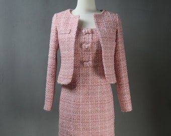 Robe femme tailleur rose taille plus taille petite fille tweed sur mesure petits noeuds pour invitée de mariage, cadeau personnalisé, remise des diplômes, anniversaire