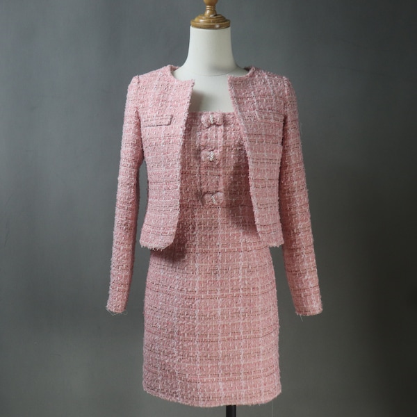Lady's Dress Pink Suit Plus Sizes Girl's Suit Custom Made Tweed Little Bows For Wedding Guest, Personalised gift, Graduation, Anniversary