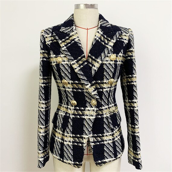 Women Wool Blend Checked Pattern Fitted 