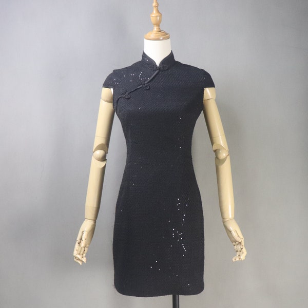 Women Custom Made Chinese Traditional Qipao Style Tweed Dress Black, Formal Event, Speech Day, Chinese Festival Dress, Graduation Ceremony